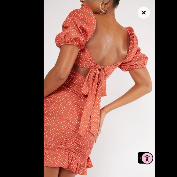 NEW Rust Polka Dot Puff Sleeve Ruched Tie Back Bodycon Dress - Picture 3 of 5